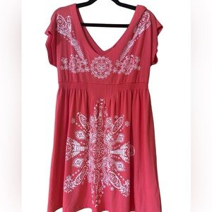 LA Class Size XL Coral Short Sleeve Dress, Boho Print